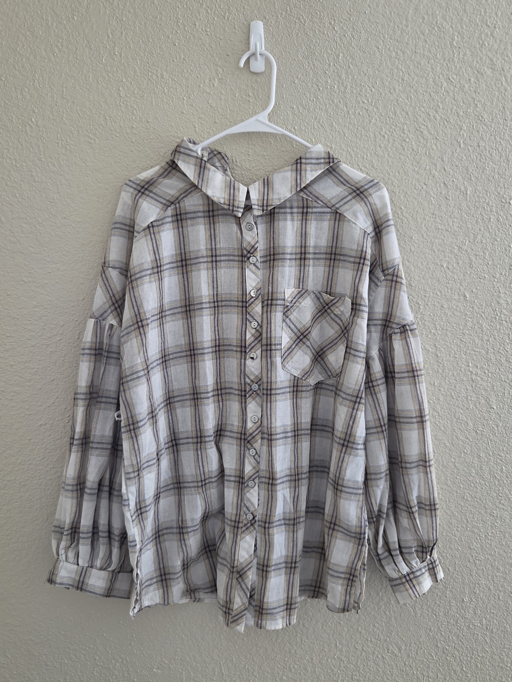 POL Oversized Plaid Button Front Shirt Womens S White Brown Boho 100% Cotton